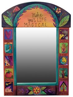 Medium Mirror – Inspirational make your life magical mirror with boxed icons down the sites painted in a retro palette Hand Painted Mirrors Wall, Magical Mirror, Fancy Mirror, Retro Palette, Fancy Mirrors, Secret Passage, Folk Decor, Mirror Paint, Handmade Mirrors