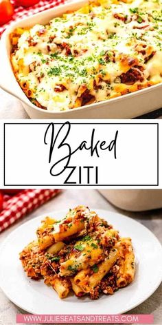 baked ziti in a casserole dish on a plate