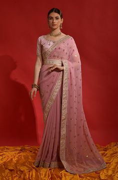 Dusty Pink Saree, Sequin Saree Party Wear, Sequins Saree, Dusty Pink Weddings, Pure Georgette Sarees, Bridesmaid Saree, Lehenga Style, Ethnic Sarees, Half Sleeve Blouse