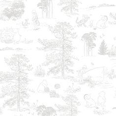 a white wallpaper with winnie the pooh characters on it and trees in the background