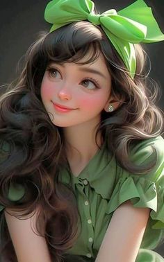 a painting of a girl with long hair wearing a green dress and a big bow on her head