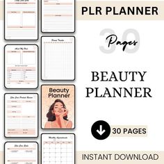 beauty planner printable templates with the text, 30 pages and an image of a woman's face