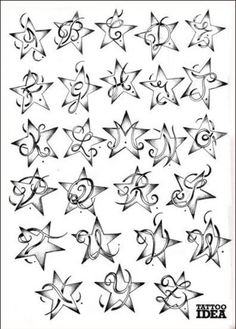 an artistic tattoo design with stars and swirls on white paper, in black ink