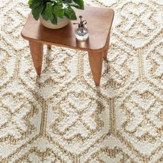 a potted plant sitting on top of a wooden table next to a white rug