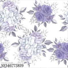 a white and purple flower pattern on a white background with grey leaves, buds and flowers