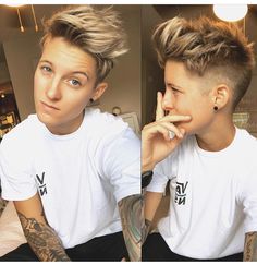 New Mens Haircuts 2023, Lesbian Haircut Short Tomboy Style, Lesbian Fade Haircut, Androgynous Short Hair, Lesbian Hairstyles Short, Short Queer Haircuts, Masc Lesbian Haircut, Lesbian Short Hair, Faux Hawk Haircut