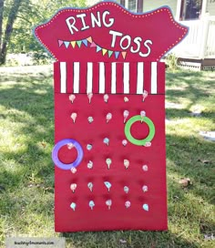 a ring toss game in the grass with rings hanging from it's back end