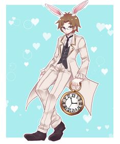 an anime character with bunny ears holding a pocket watch and wearing a suit that says happy valentine's day