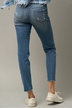 Trim Raw Hem Girlfriend Jeans- 69.5% Cotton, 27% Polyester, 3.5% Spandex- High Stretch Denim- Zipper Fly Closure- Distressed- Raw Hem- Pockets- Imported, Designed In USASize 3- Waist 25 1/2"- Hip 32 1/2"- Front Rise 9 1/2"- Leg Opening 12"- Inseam 27 1/2"Model wears size 3, height 5'9"*For detail size spec, please message us* Style: Casual Print / Pattern: Medium Wash Denim Silhouette: Girlfriend Jeans Fit: Slim Girlfriend Jeans Embellishment: Distress Hem Neck Line: N/A Sleeve: N/A Closure: But Suede Outfit, Leopard Outfits, Burgundy Outfit, Girlfriend Jeans, Top Graphic Tees, Tailored Pants, Leather Outfit, Crop Top Blouse, Dress Trousers