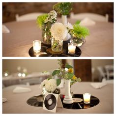 two pictures of vases with flowers and candles sitting on top of a black plate