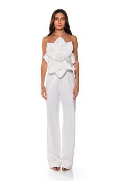 CHERRY BLOSSOM STRAPLESS STATEMENT JUMPSUIT IN WHITE Statement Jumpsuit, Strapless Neckline, Blossom Design, Spring Is Here, Sleeveless Jumpsuits, Cherry Blossom, Bodice, Blossom, Straight Leg