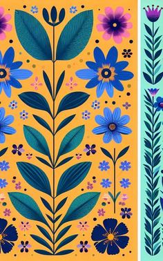 two different colored floral designs on yellow and blue background, one with green leaves and the other with purple flowers