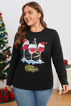 Black Simple Christmas Print V-Neck Long Sleeve Sweatshirt Winter Holiday Long Sleeve T-shirt, Black Long Sleeve Sweatshirt For Holiday, Black Long Sleeve Christmas Sweatshirt, Casual Black Christmas Sweatshirt, Black Sweatshirt For Fall Holiday, Black Long Sleeve Christmas Tops, Black Long Sleeve Christmas T-shirt, Black Tops For Winter Holiday, Black Tops For Holiday In Winter