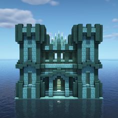 Minecraft Ocean Monument Build, Blue Builds Minecraft, Drained Ocean Monument Minecraft, Prismarine House Minecraft, Minecraft Building Ideas Water, Minecraft Monument Ideas, Blue House Minecraft, Ocean Monument Base Minecraft, Minecraft Quartz House