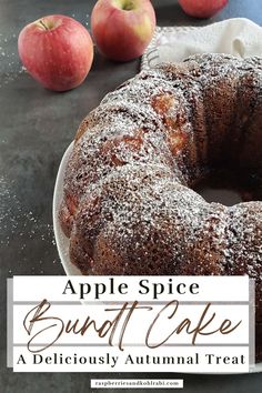 an apple spice bundt cake with powdered sugar on top and apples in the background