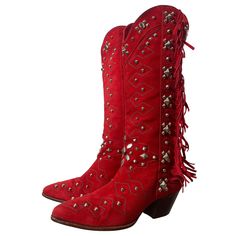 1980s Susan Warren Edwards Red Suede Fringed and Studded Cowboy Western Boots: Tall and narrow, these boots make a stunning entrance with their vivid red and generously studded design. Soft pointed toe and a high stacked heel. Hand-made construction attention to details and stitchwork. Very slightly worn. Original box included. US women's size 8M. Ride em' cowgirl! Boy Western, Sparkly Boots, Boots Tall, Red Boots, Suede Fringe, Cowboy Western, Cow Boy, Western Cowboy Boots, Red Suede