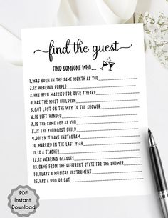 the printable find the guest game is shown next to a pen and flower bouquet