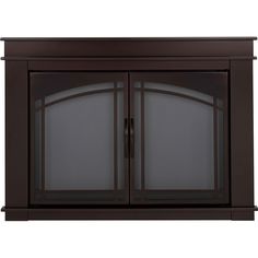 a large brown cabinet with two doors on the front and one door open to reveal a fireplace