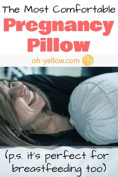 a woman laying in bed with the words pregnant pillow on it's side and below her head