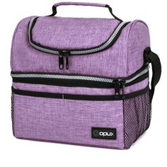 an insulated lunch bag with multiple compartments and zippers in various colors, including purple