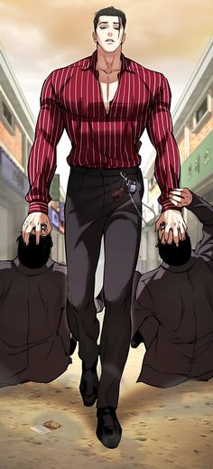 a man in red shirt and black pants walking down the street with his hands on his hips