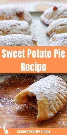 sweet potato pie recipe on a cutting board with powdered sugar over the top and bottom