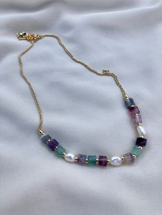 Rainbow Beaded Jewelry, Fluorite Gemstone, Fluorite Crystals, Wire Wrapped Jewelry Diy, Pearl Necklace Designs, Beaded Necklace Designs, Gold Filled Necklace, Rainbow Jewelry, Silver Jewelry Design