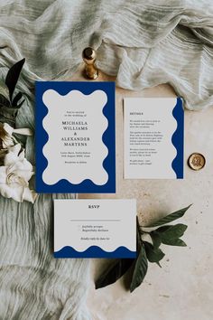 wedding stationery with blue and white paper