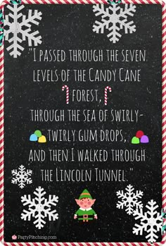 a christmas poem written on a blackboard with snowflakes and candy canes