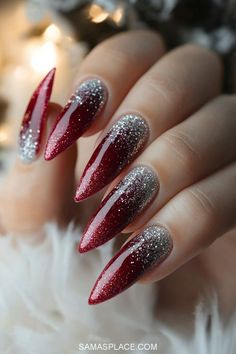 Elevate your winter style with these 30+ best December nail ideas for 2024! Perfect for any occasion, these designs include frosty blues, shimmering silvers, and festive reds and greens to capture the holiday spirit. Explore cozy sweater-inspired textures, elegant metallic accents, or playful designs featuring snowflakes, stars, and ornaments. #DecemberNailArt #WinterNailDesigns #FestiveNails #NailTrends2024 Nail Ideas Red And Silver, Festive Red Nails, Silver And Red Nail Designs, Silver Red Nails, Red December Nails, Red Metallic Nails, Red And Silver Christmas Nails, Red Sparkly Christmas Nails, Red And Silver Nail Designs