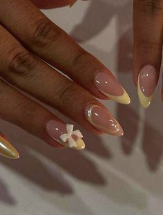 Instantly Upgrade Your Look With 24pcs Medium Almond Elegant Pearl Beige Bow Golden Nails Yellow Fresh French Style Full Cover False Nail For Women And Girls Comes With 1 Piece Of Jelly Gel And 1 File Strip Press On Nails Nail Supplies Yellow     Colorblock,Plants Color Nails,3D Nails   Nail,Hand & Foot Care, size features are:Bust: ,Length: ,Sleeve Length: Golden Nails, Cute Simple Nails, Her Nails, Almond Nails Designs, Trendy Nail, Ideas Nails, Short Acrylic Nails Designs, Yellow Nails