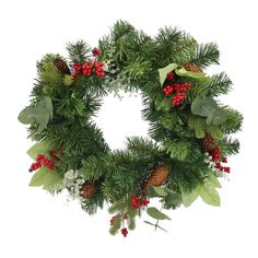 a christmas wreath with red berries and greenery