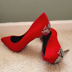 Nwot - Red Original European Shoes. The Heels Of The Shoes Are Made Of Silver Metal With Intricate Silver Metal Detail At The Back Of Each Heel. Run Smaller Than Size 8. Red Shoes Heels, European Shoes, Metal Detail, Big Tree, Red Shoes, Shoes Women Heels, Metallic Silver, Shoes Heels, Women Shoes