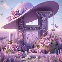 a painting of a purple hat and flowers