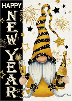 a happy new year card with a gnome holding champagne