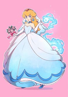 the princess in her blue dress is holding a flower and wearing a tiara with flowers on