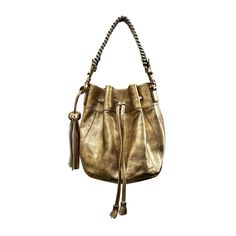 Our metallic gold leather bucket bag is a timeless classic with a modern twist. It comes with not one, but two detachable straps, so you can wear it your way. Choose between the long, luxurious black strap for a chic shoulder bag or opt for a short one, handwoven vibrant pink strap.  Additional Details  Material: Leather Color: Metallic Gold Size: Medium Closure: Drawstring Hardware: Gold  Straps: Detachable Here are a few tips for storing your bag in the dust bag (include in your purchase): -Em Gold Hobo Bag For Formal Occasions, Luxe Gold Leather Bag, Chic Gold Bucket Bag For Evening, Gold Formal Hobo Shoulder Bag, Formal Gold Hobo Shoulder Bag, Gold Formal Shoulder Hobo Bag, Modern Gold Hobo Bag With Gold-tone Hardware, Formal Gold Bucket Bag With Detachable Strap, Modern Gold Bucket Bag For Evening