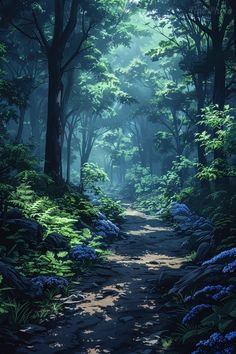 a painting of a path in the woods with blue flowers