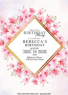 a birthday party with pink flowers and gold frame