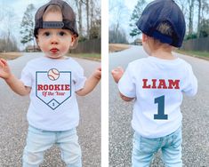 two pictures of a toddler wearing baseball shirts