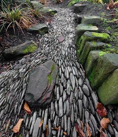 a stone path made out of rocks in the woods