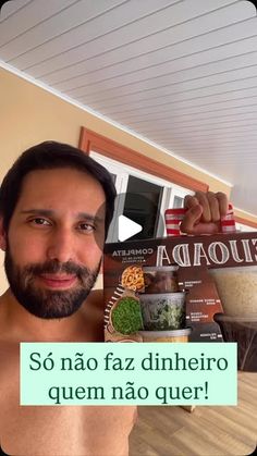 a shirtless man holding up a box of food in front of his face with the caption'so no faz dimeriro que que que que ques quiero