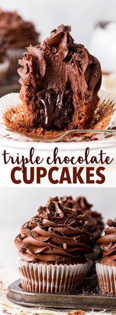 triple chocolate cupcakes with frosting on top