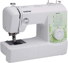 the brother sewing machine is white and has blue trimmings on it's side