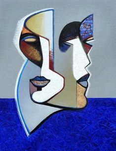 an abstract painting of two women's faces on blue and gray background with grass