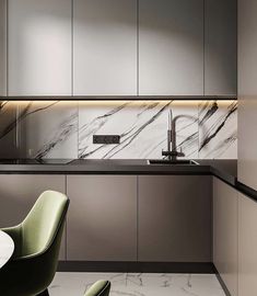 a modern kitchen with marble counter tops and green chairs in front of the sink area