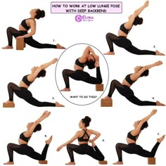 a woman is doing yoga poses with her hands in the air and one leg up