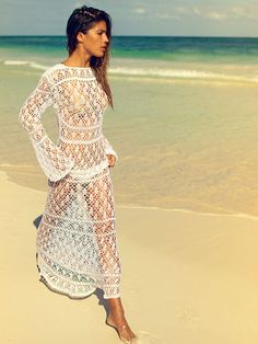 Anna Kosturova handmade crochet maxi dress in lacy stitch pattern. Lace up front bodice. Crochet lace bohemian wedding dress for beach destination. Long Sleeve Fit and flare boho bride. Long Sleeve Crochet Dress, Anna Kosturova, Long Sleeve Crochet, Wedding Dress Types, Bianca Dress, Bikinis Crochet, Crochet Cover, Sleeve Crochet, Long Sleeve Wedding Dress Lace