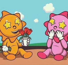 two cartoon characters sitting next to each other with flowers in their hands and stars on their eyes