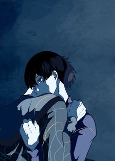 an anime character is hugging another character in the dark blue background, with his arm around her shoulder